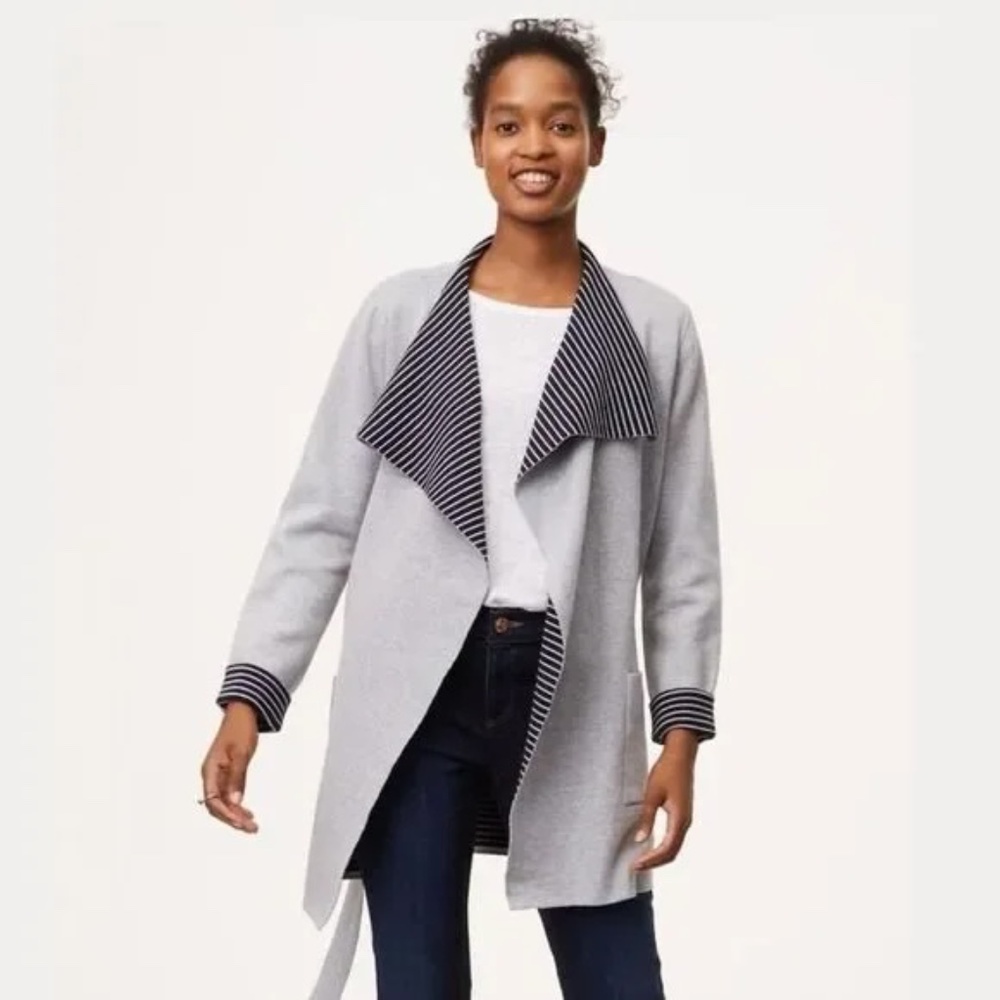 NWT LOFT Women's Striped Double Knit Belted Grey Cardigan Size S